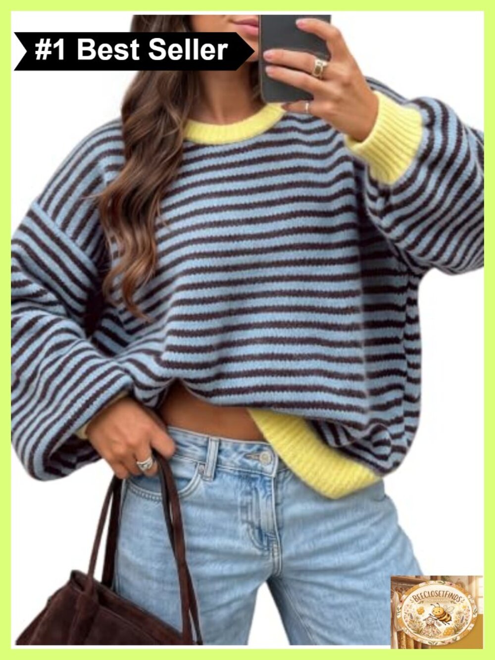Womens Oversized Striped Sweater Contrast Pullover Crew Neck Long Sleeve
